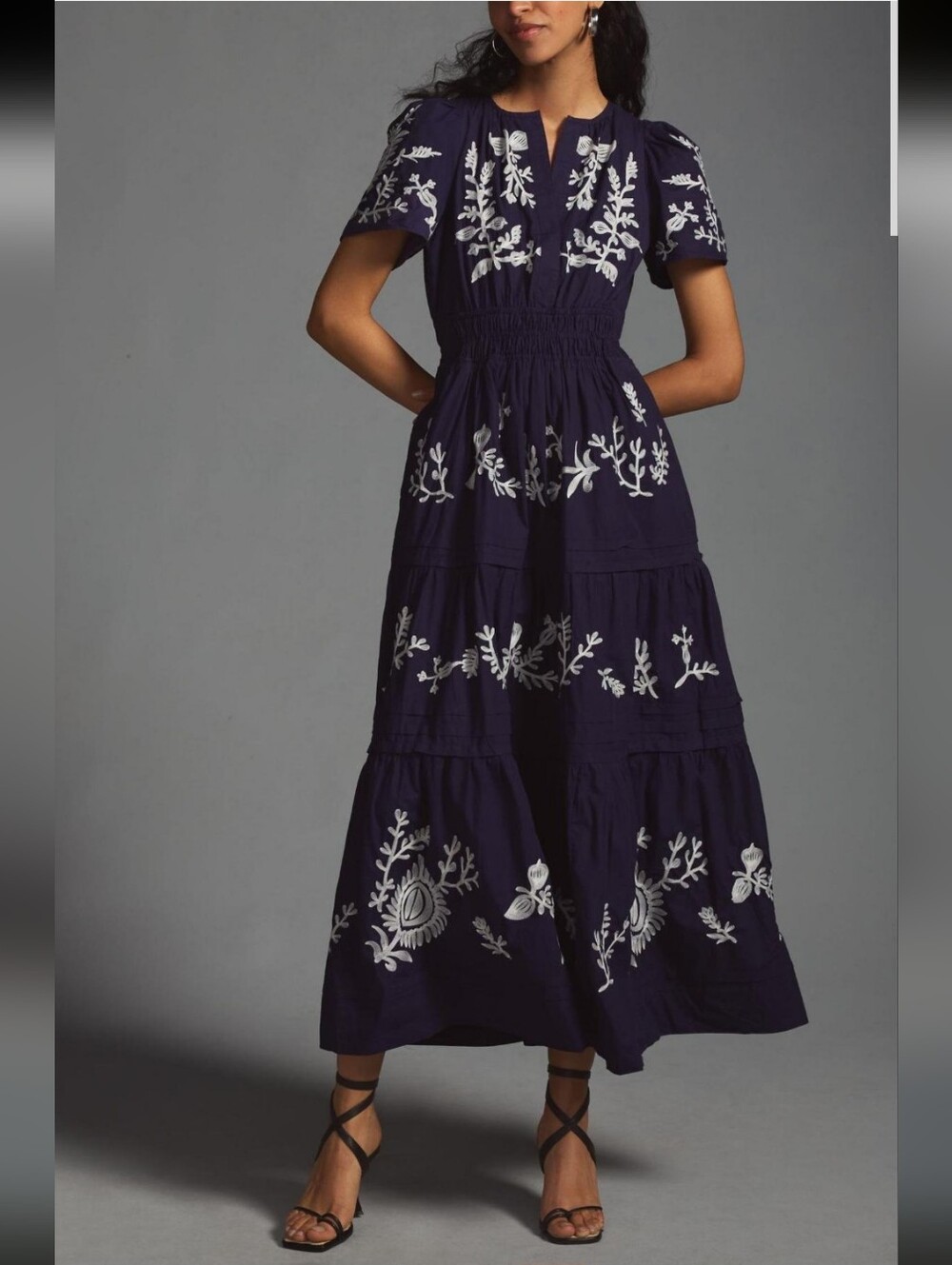 Anthropologie Navy Maxi Dress with White Floral Embroidery